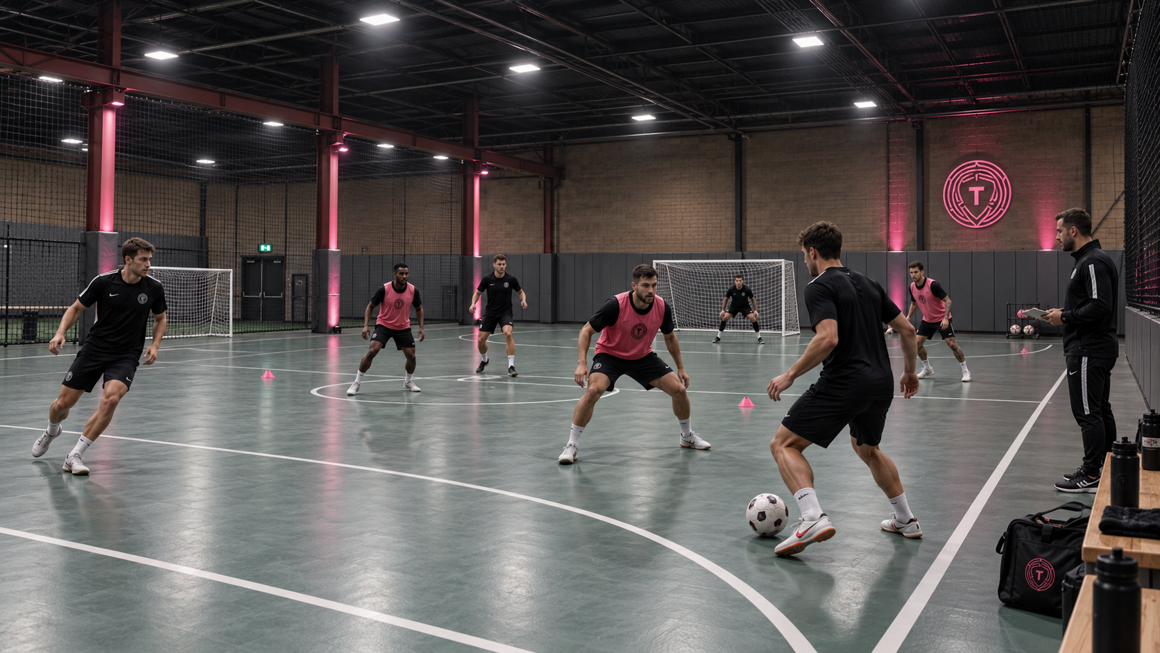 AI-created concept of a full futsal training session, with players passing and defending on a marked indoor court